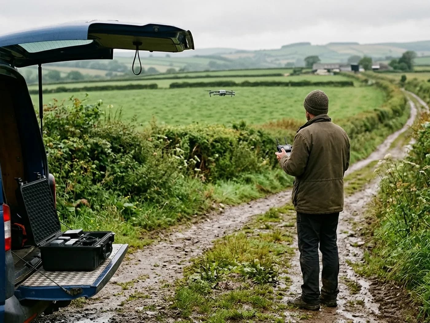 A drone pilot on a Devon farm track seen from behind, controller in both hands, watching a small quadcopter above a hedged field with an open flight case on a van tailgate in front of him