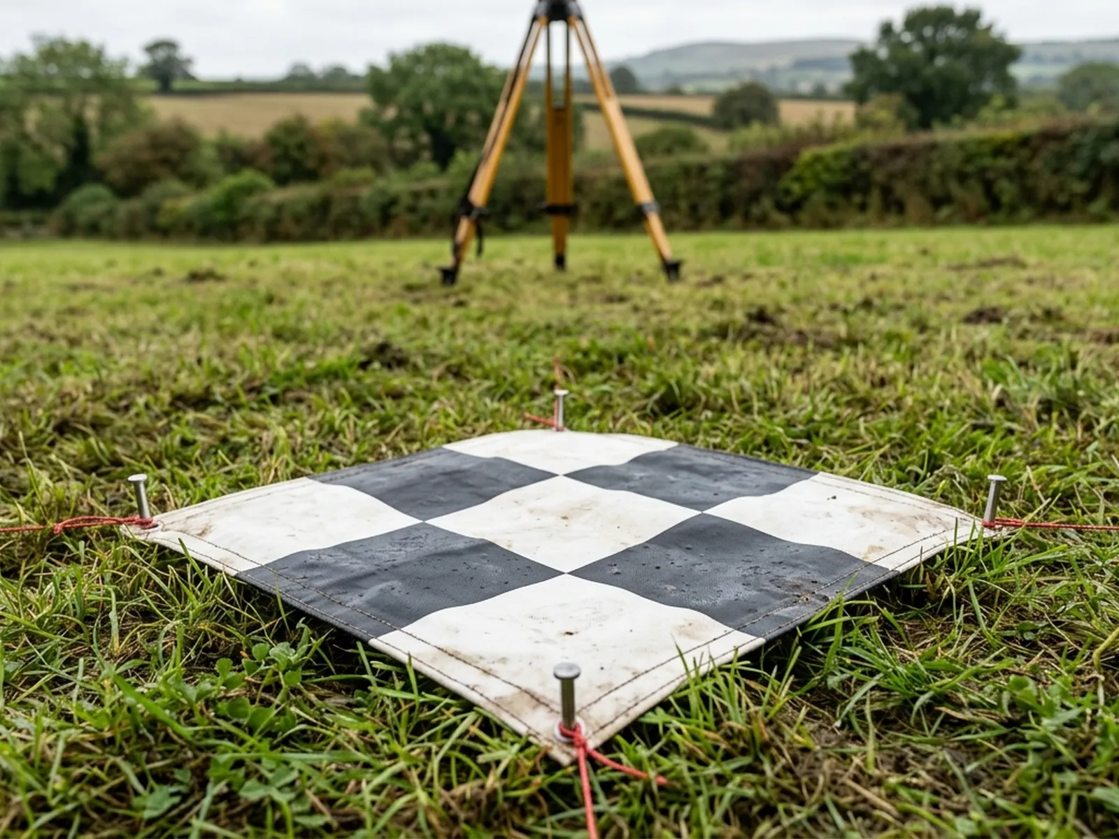 A black and white chequered ground control marker pegged flat on cut grass in a Devon field, damp from rain, with a survey tripod out of focus behind it