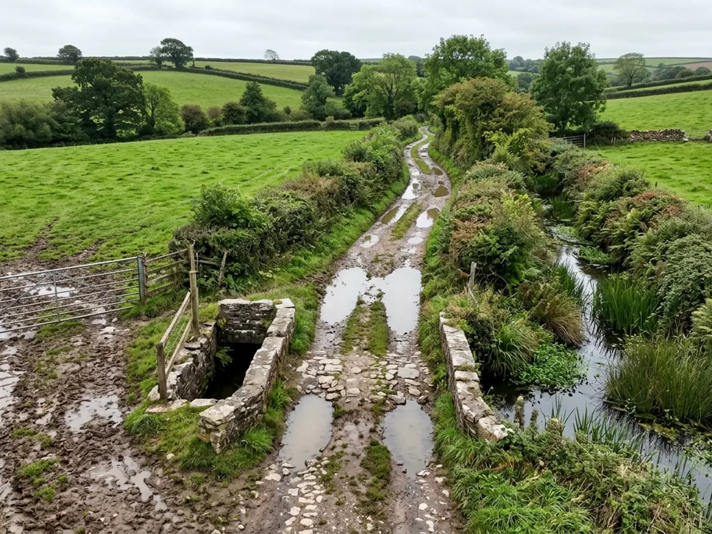 A farm track from low height with water standing in the ruts, a stone culvert over a ditch and a churned field gateway