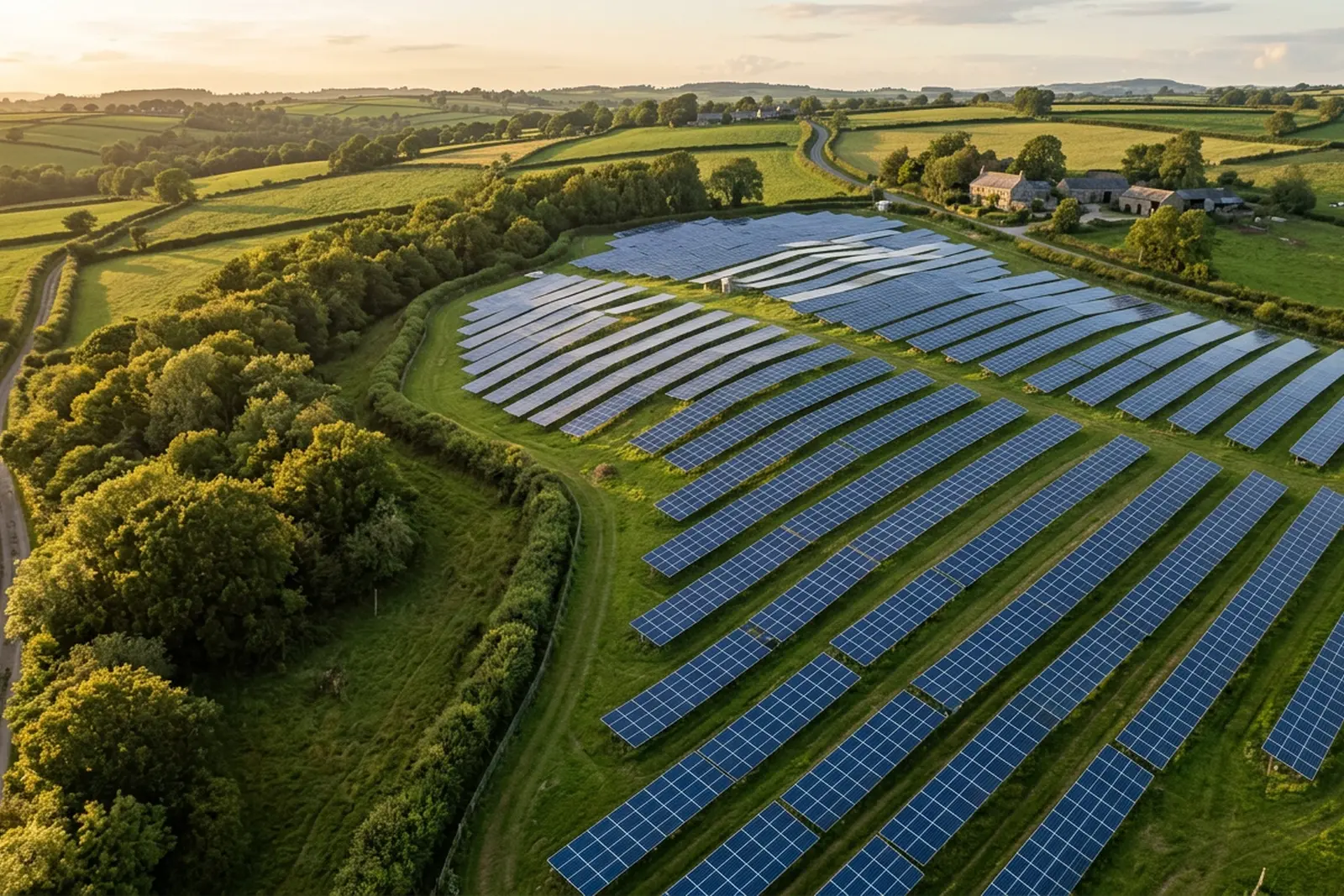 A ground mounted solar array following the contour of a Devon hillside in low evening light, with mown grass tracks between the panel rows and hedged fields beyond