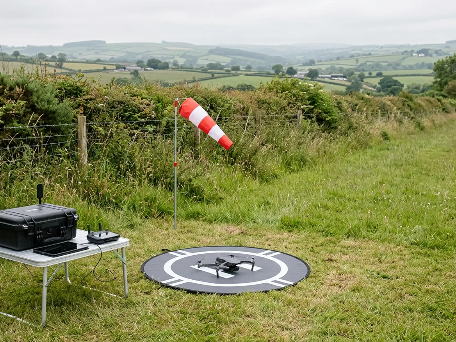 A drone take off point set up in the corner of a Devon grass field, with the aircraft on a landing mat, a flight case and tablet on a folding table and a wind sock beside them
