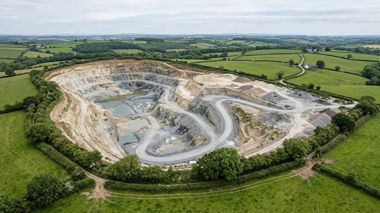 A working pit in the Devon countryside from the air, benched sides of pale clay and grey rock with water in the base and haul roads climbing to a hardstanding