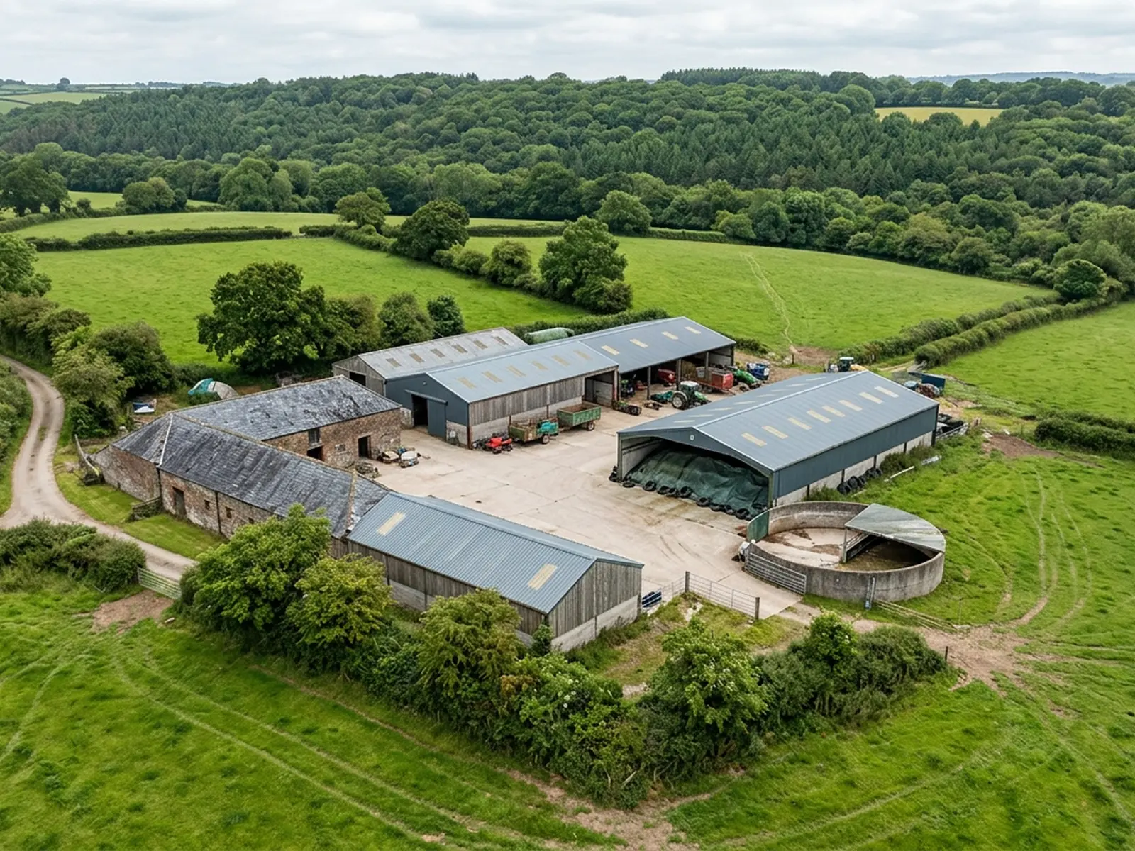 A Devon farmstead from the air, with grey profiled metal roofs and an older slate range, a covered silage clamp, a round slurry store, tractors and trailers parked on a swept concrete yard, surrounded by hedged pasture and woodland