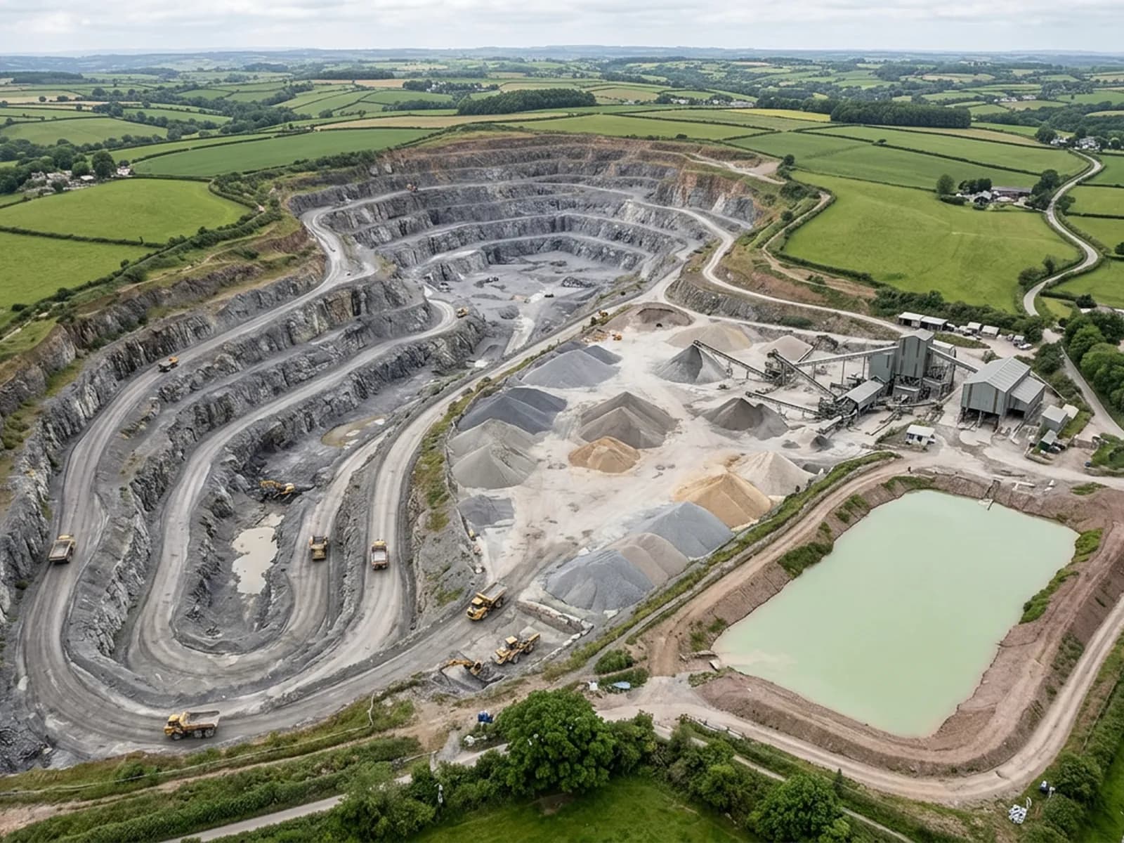 A working Devon stone quarry from the air, with a stepped rock face, graded aggregate stockpiles on hardstanding, dump trucks and loading shovels on the haul roads and a settling pond alongside